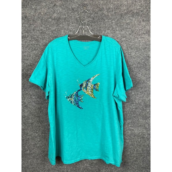 Catherines Tops - Catherines T-Shirt Women's 2X Teal Good Sequined Fish V-Neck Knit Cotton